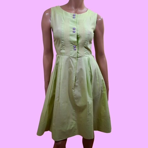 Vintage 50s 60s Day Dress Green Sleeveless Tea Dress Sundress Knee Length Sz XS - Picture 1 of 12